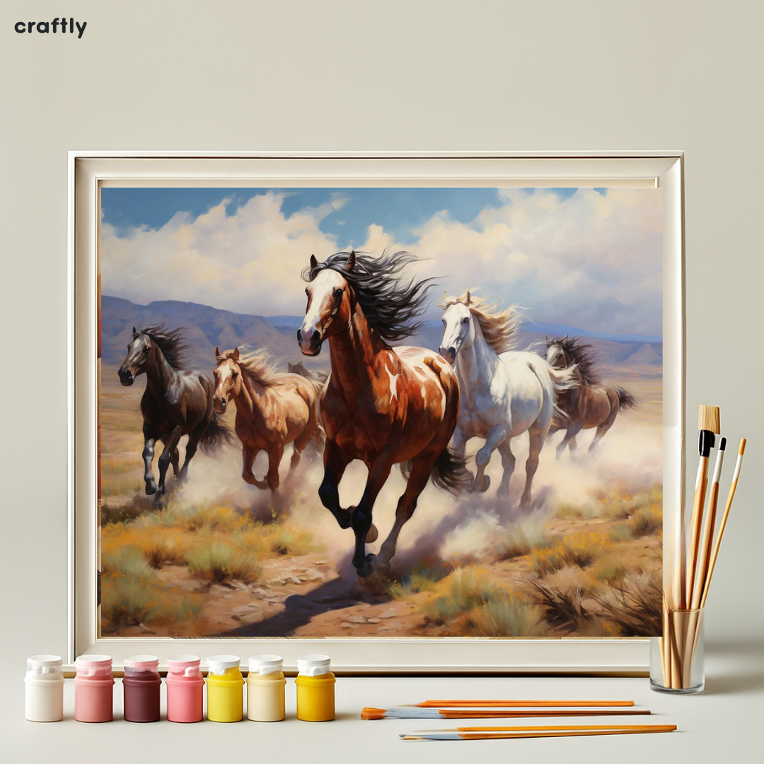 צביעה לפי מספרים - ציור עדר סוסים דוהרים