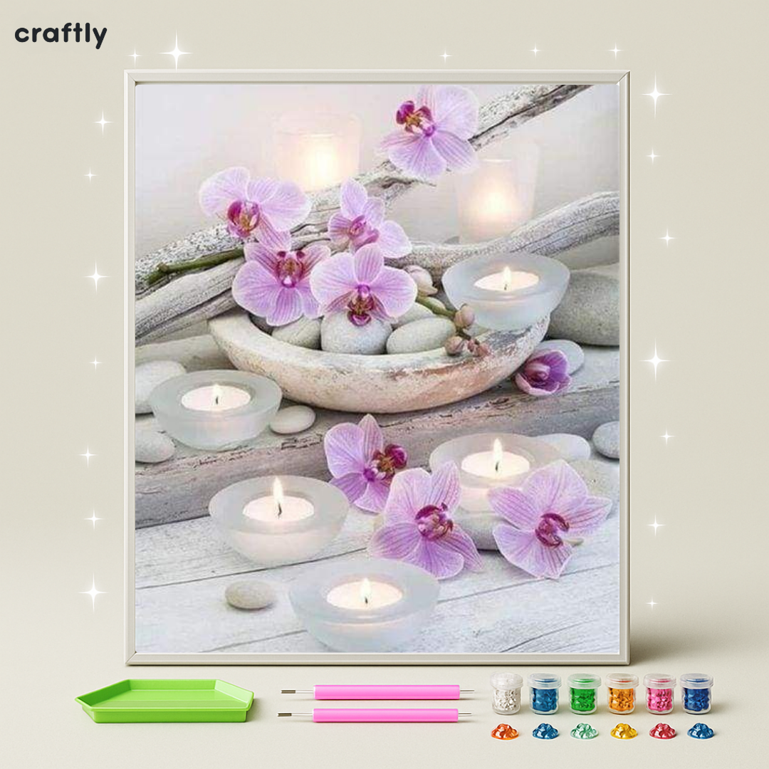 ציור יהלומים - נרות ואורכידאות בלבן־סגול