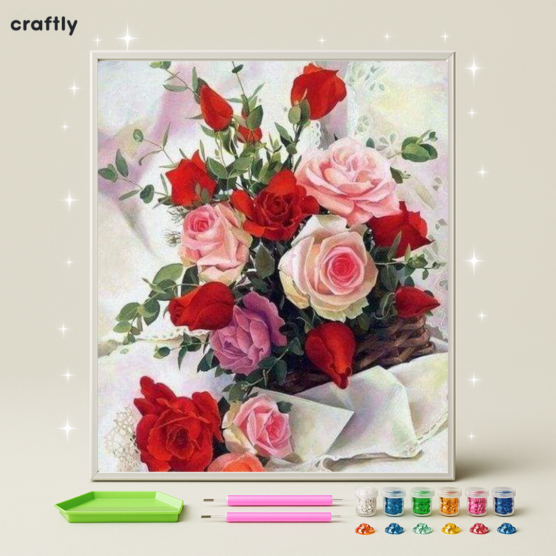 ציור יהלומים - זר ורדים באדום וורוד