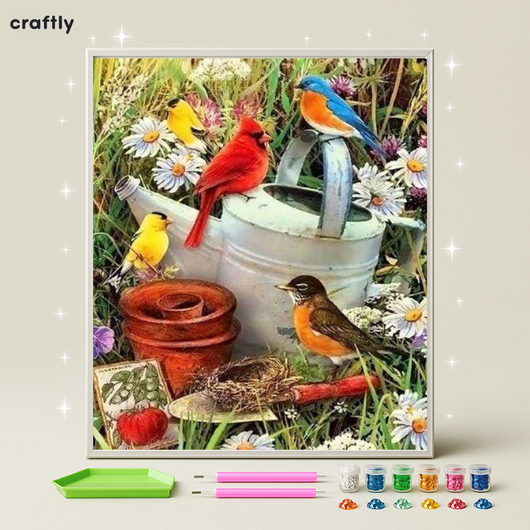 ציור יהלומים - ציפורים צבעוניות בגינה