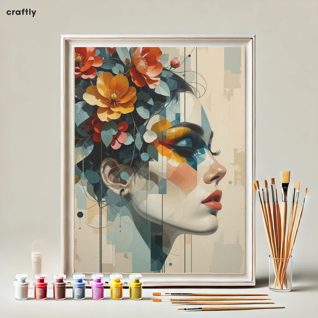 צביעה לפי מספרים - ציור פרופיל נשי עם פרחים גיאומטריים