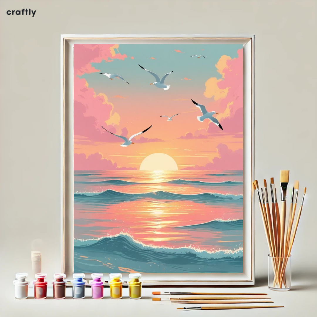 צביעה לפי מספרים - ציור שחפים בשקיעה