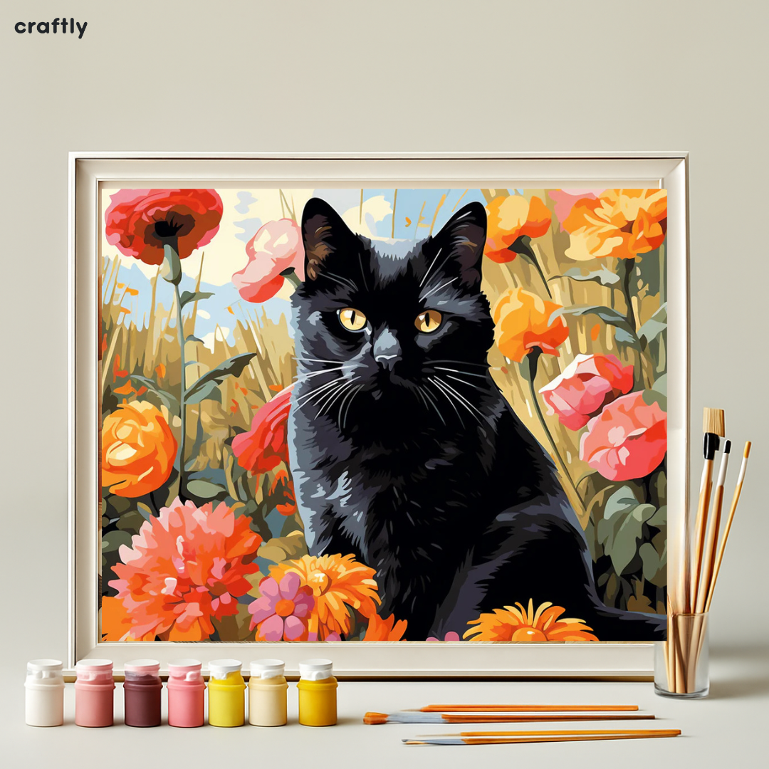 צביעה לפי מספרים - ציור חתול שחור בפרחים