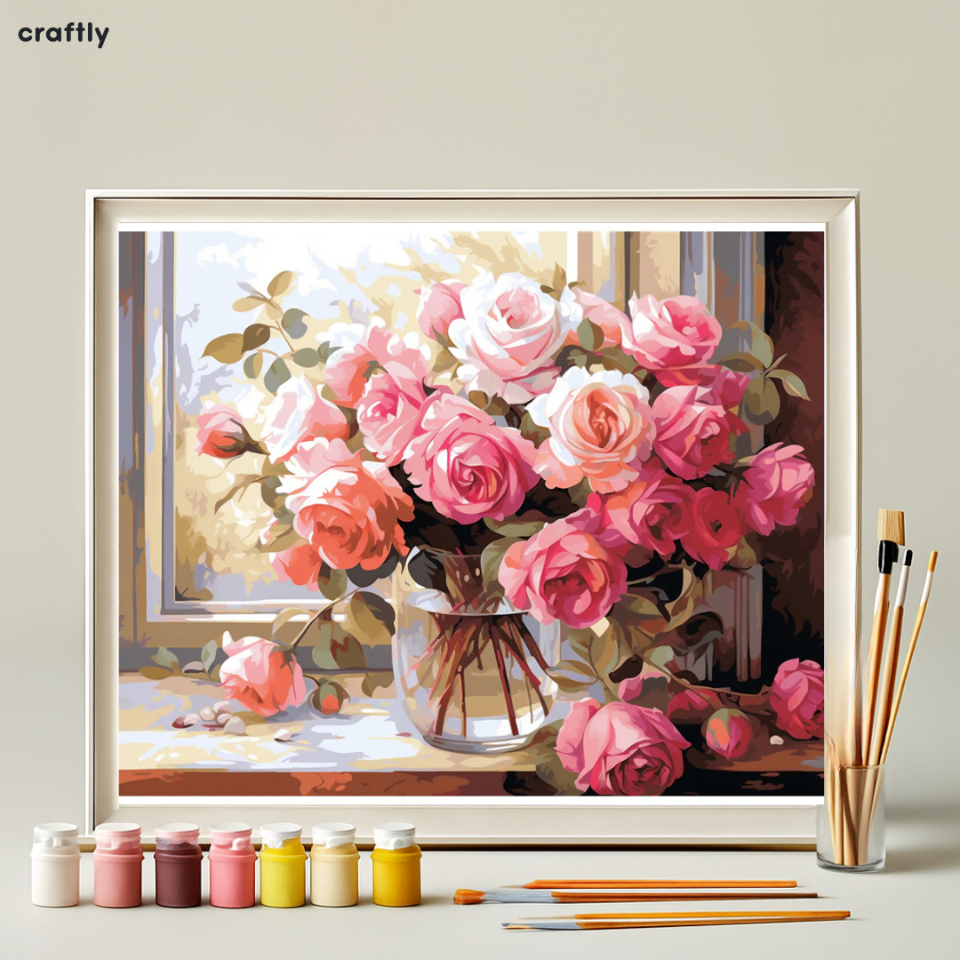 צביעה לפי מספרים - ציור ורדים באגרטל זכוכית