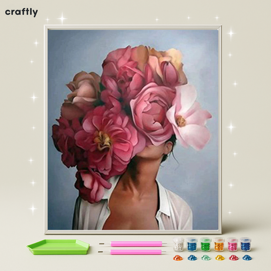 ציור יהלומים - אישה עם פרחי ענק