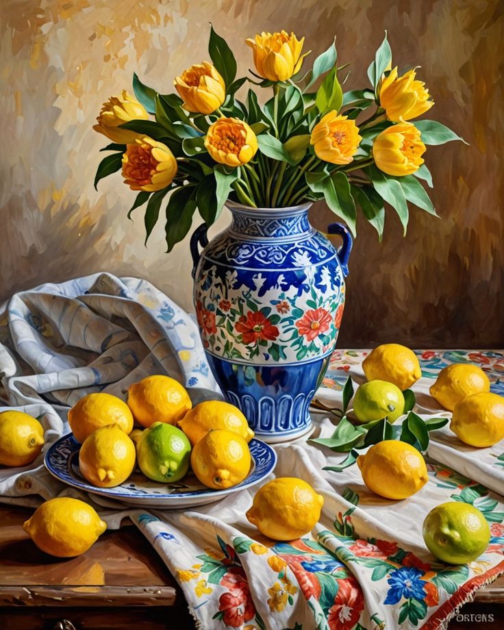 צביעה לפי מספרים - ציור אגרטל לימונים ופרחים