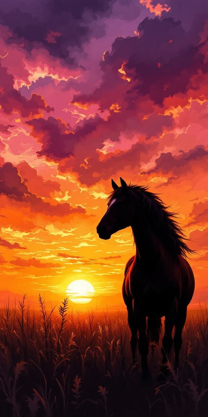 צביעה לפי מספרים – ציור סוס פראי בשקיעה דרמטית