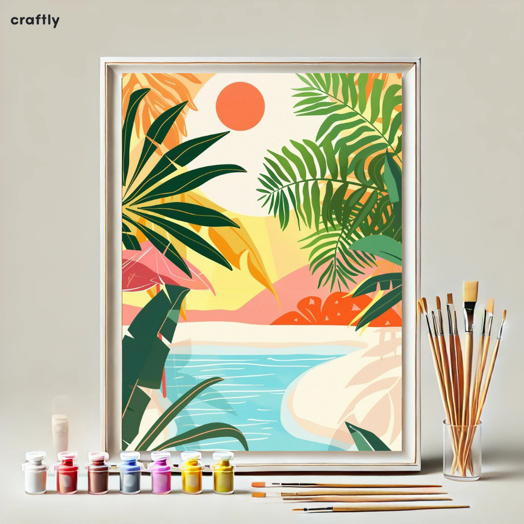 צביעה לפי מספרים - ציור נוף טרופי עם חוף