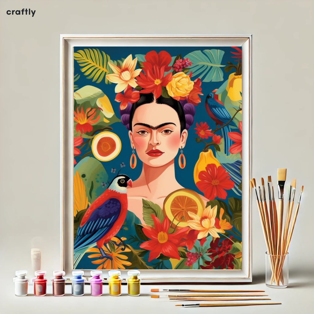 צביעה לפי מספרים - ציור פרידה קאלו עם ציפורים ופירות