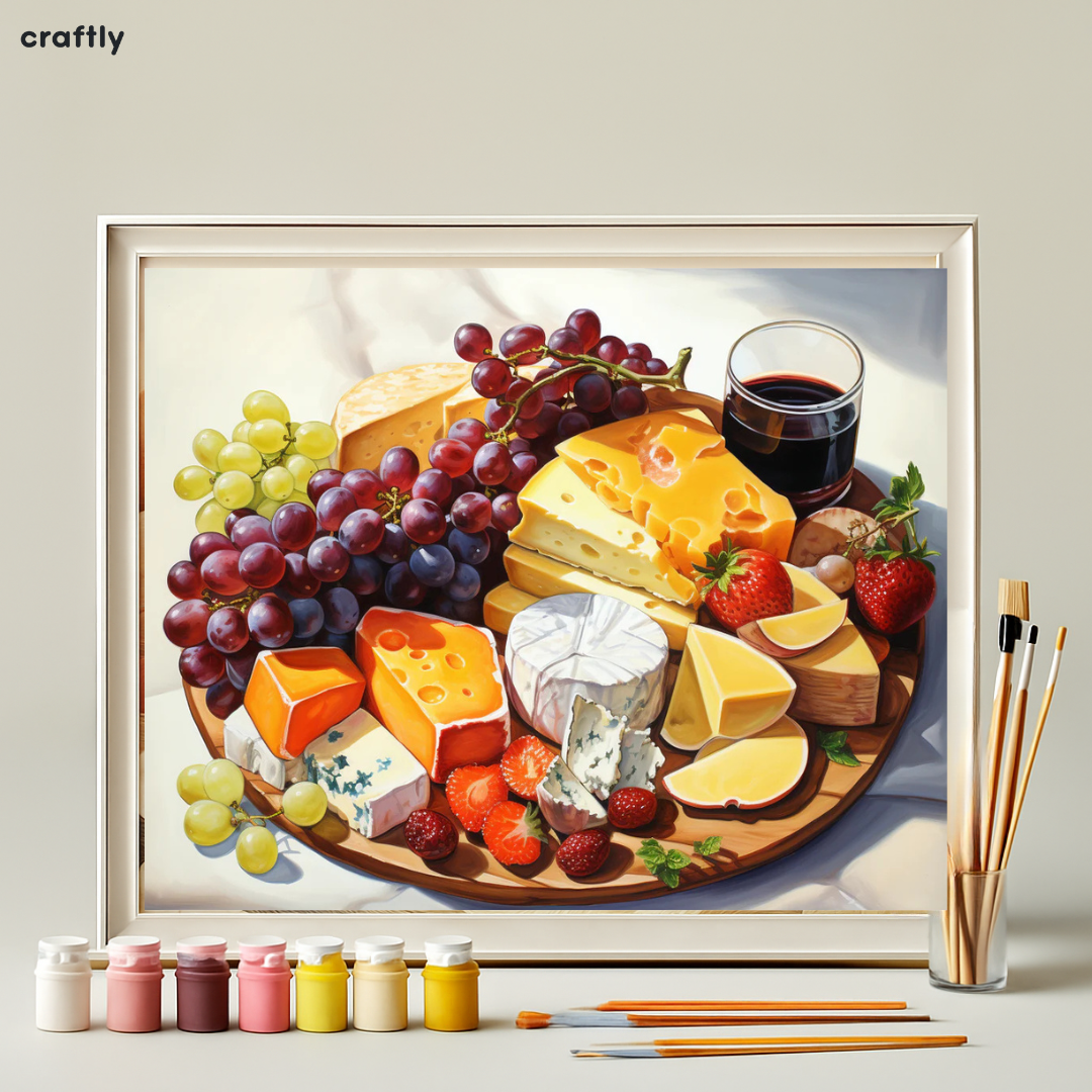 צביעה לפי מספרים - ציור מגש גבינות ויין
