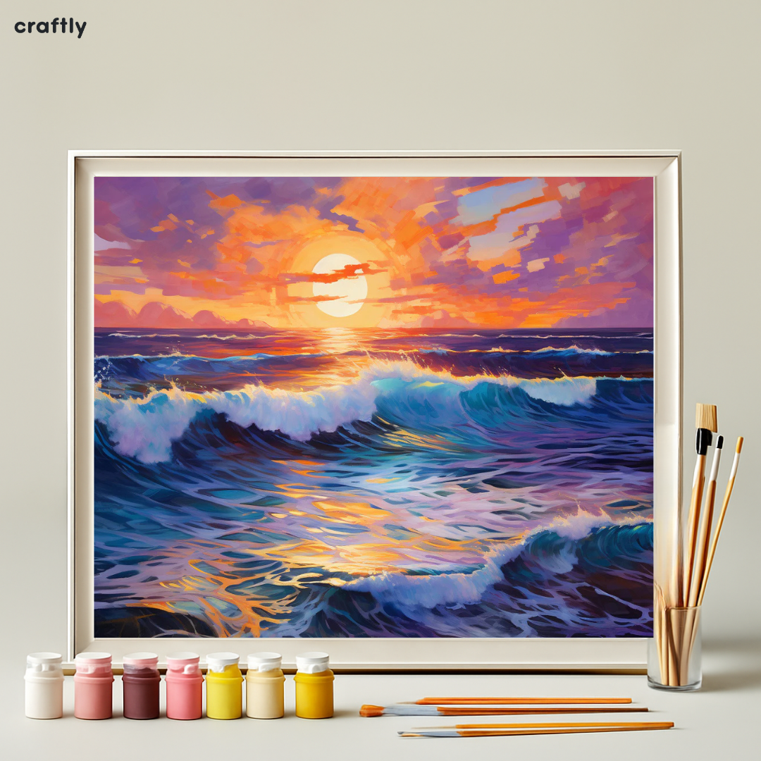 צביעה לפי מספרים - ציור שקיעה על פני הגלים