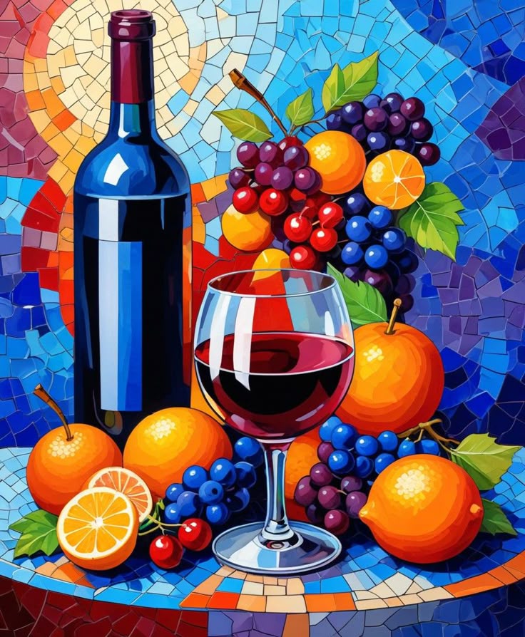ציור יהלומים - יין ופירות