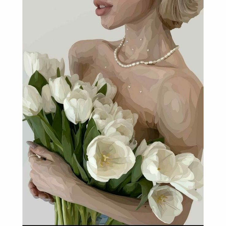 צביעה לפי מספרים - ציור אישה עם זר פרחי טוליפים לבנים