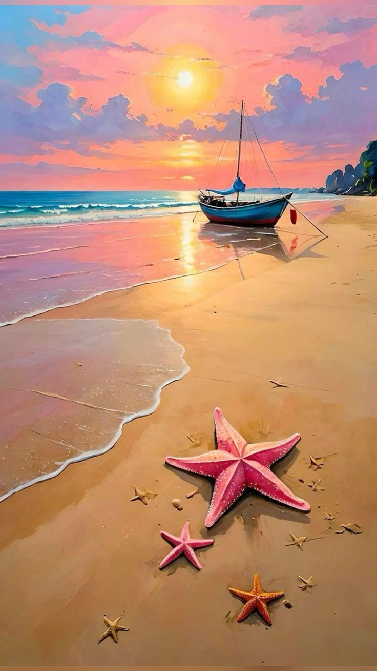 צביעה לפי מספרים - ציור חוף ים בשקיעה עם כוכבי ים
