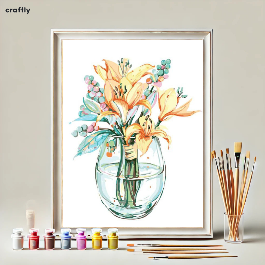 צביעה לפי מספרים - זר פרחים עדין בצנצנת זכוכית