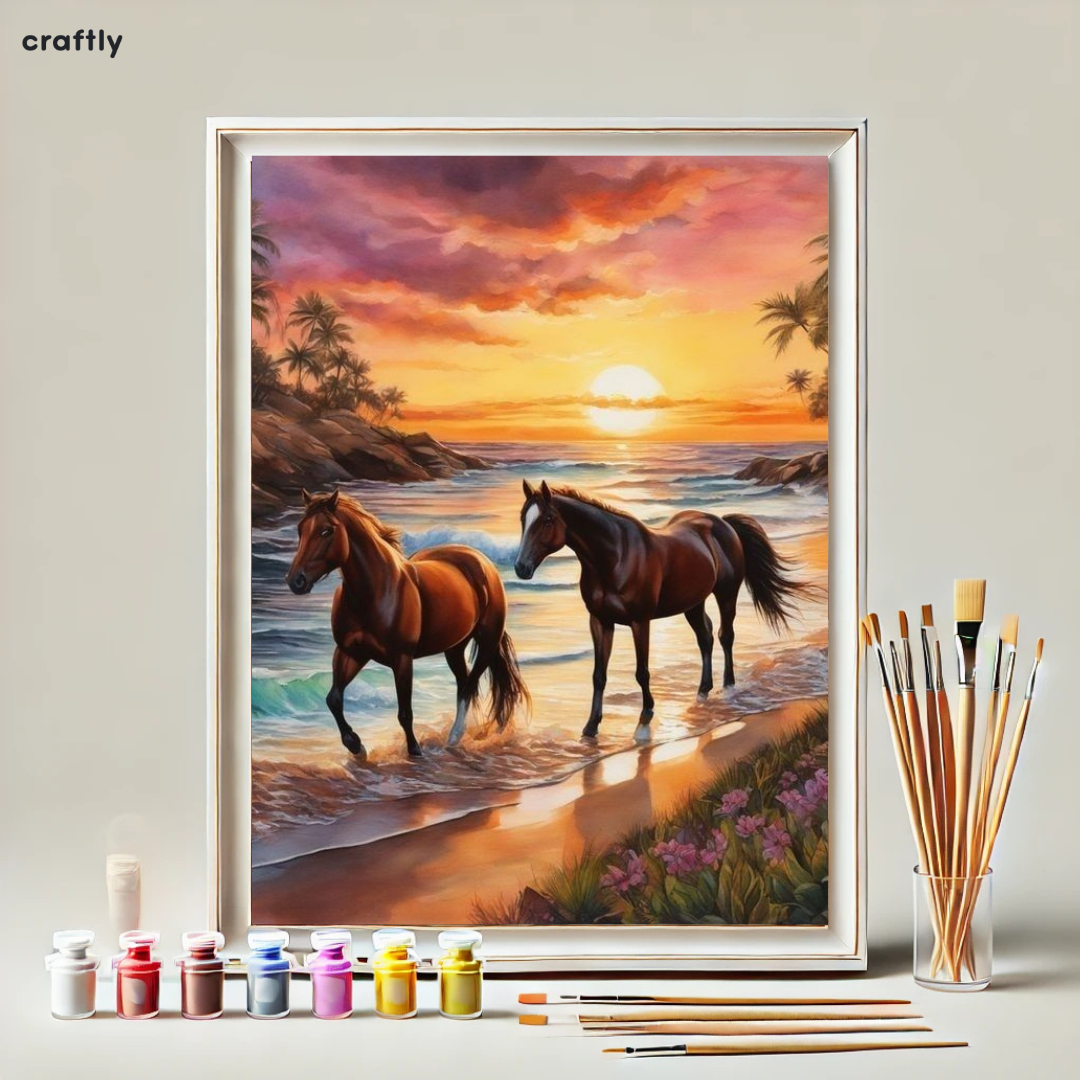 צביעה לפי מספרים - סוסים בחוף טרופי