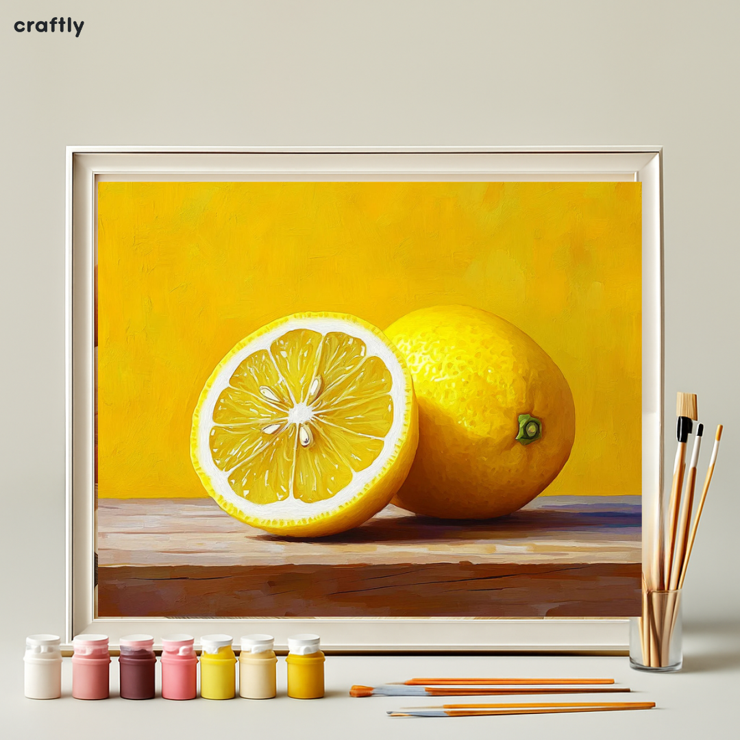 צביעה לפי מספרים - ציור לימונים על רקע צהוב