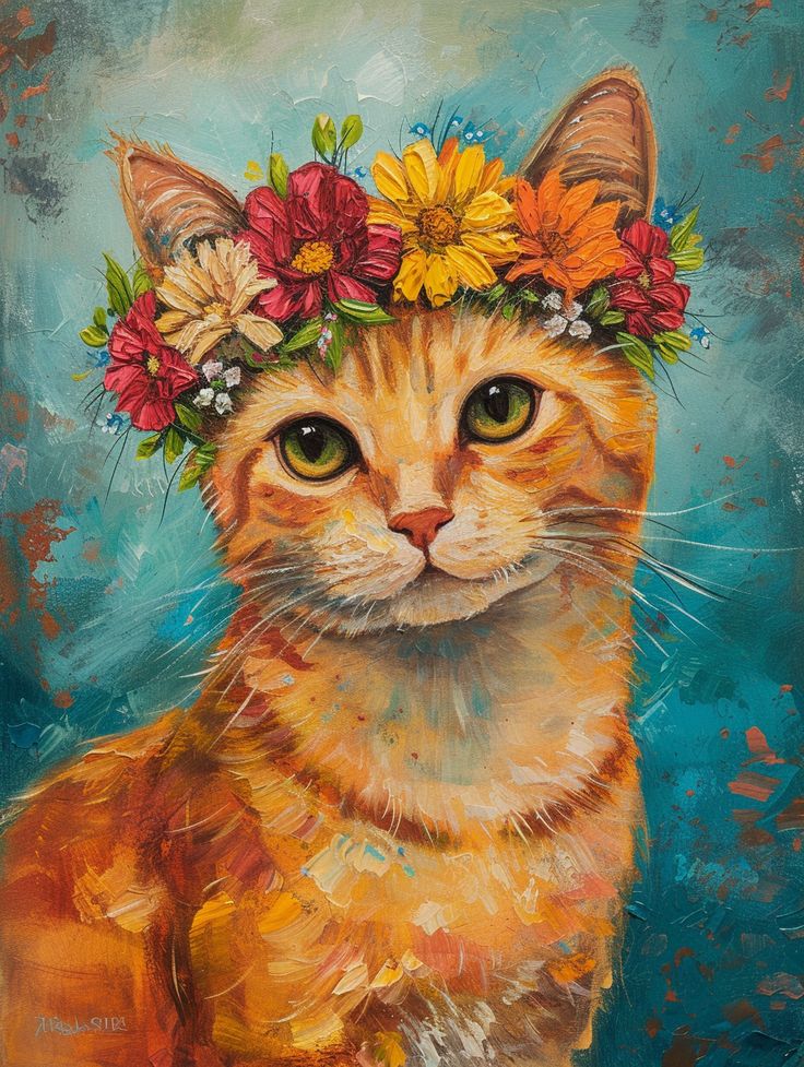 צביעה לפי מספרים - ציור חתול עם זר פרחים