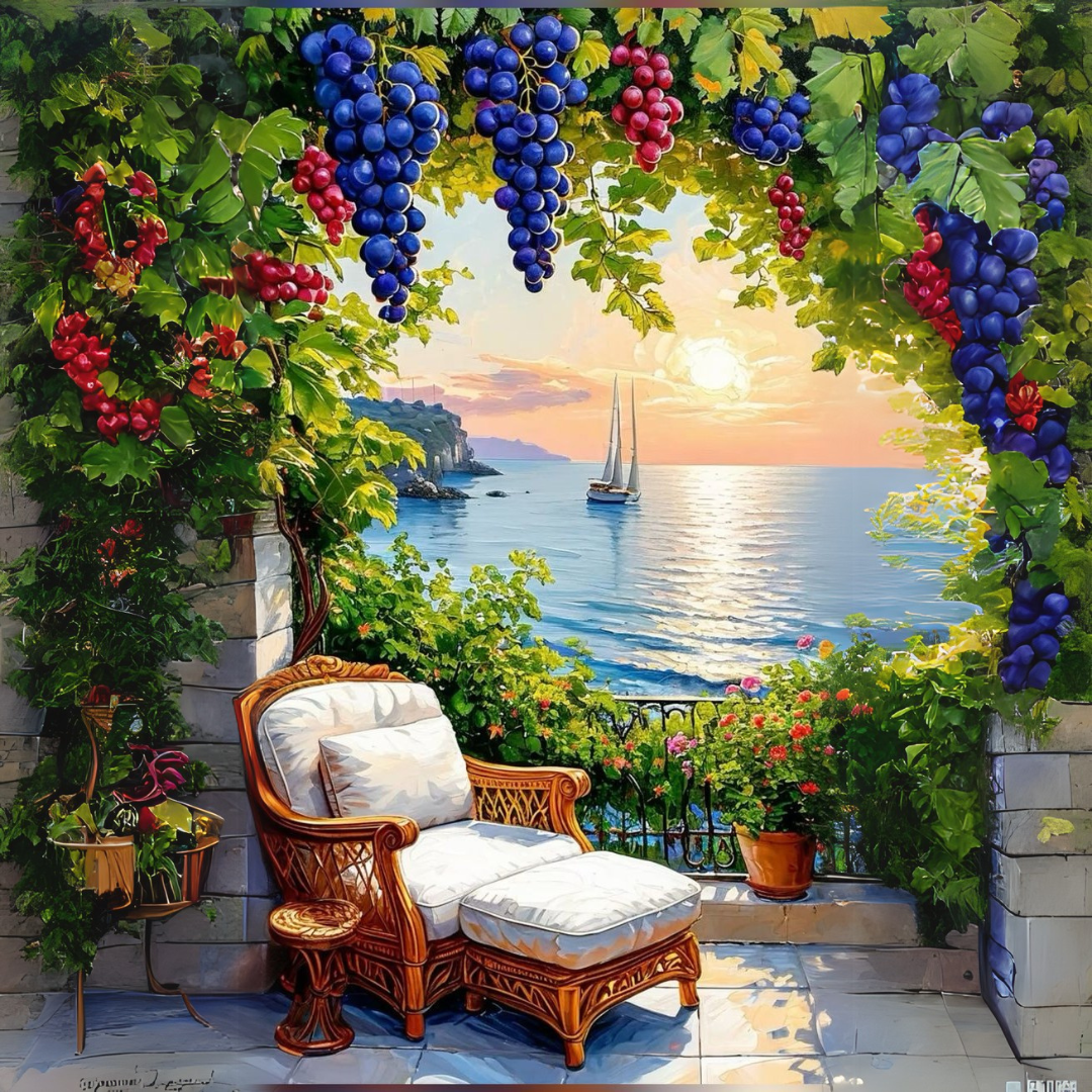 צביעה לפי מספרים - ציור מרפסת מול הים