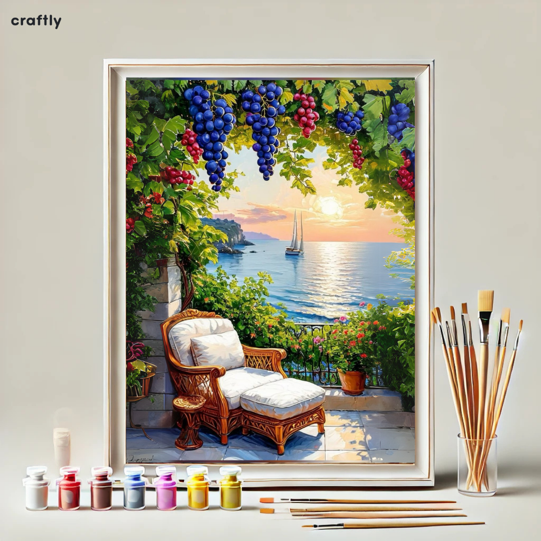 צביעה לפי מספרים - ציור מרפסת מול הים