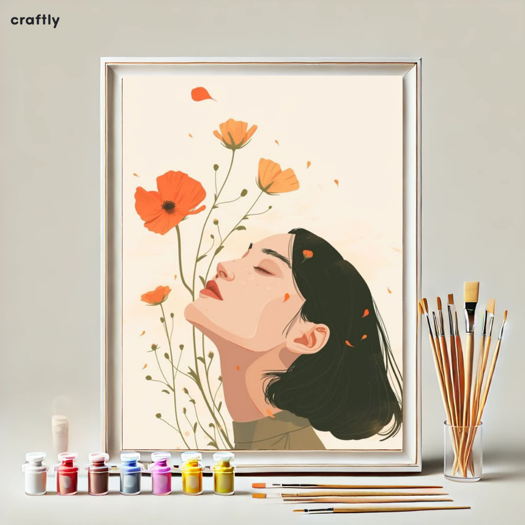 צביעה לפי מספרים - ציור אישה עם פרחים ברוח