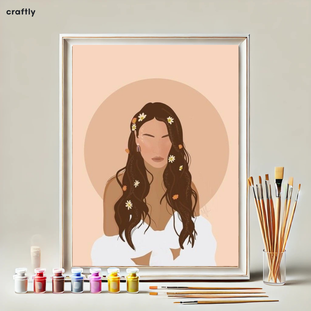 צביעה לפי מספרים - ציור אישה בסגנון בוהו עם פרחים בשיער