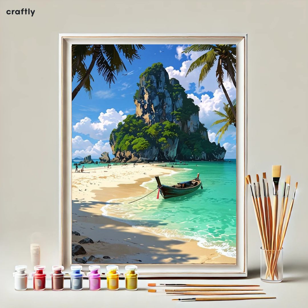 צביעה לפי מספרים - ציור אי בודד עם סירה