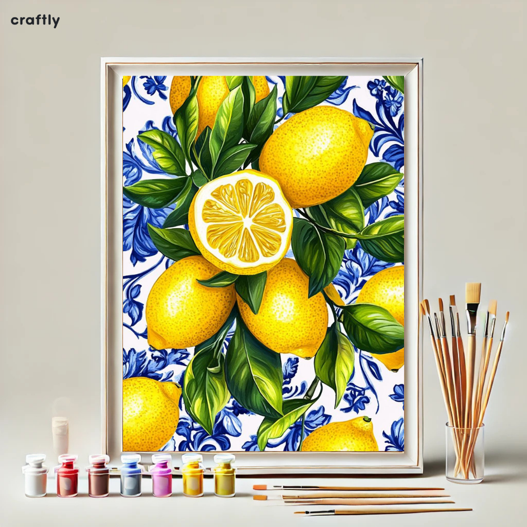 צביעה לפי מספרים - ציור לימונים על רקע כחול