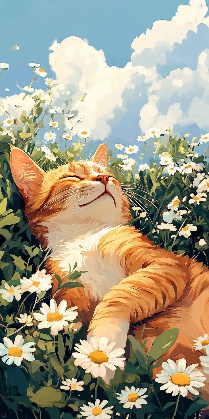 צביעה לפי מספרים - ציור חתול מנמנם בפרחים