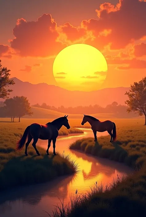 צביעה לפי מספרים - ציור סוסים מול שקיעה