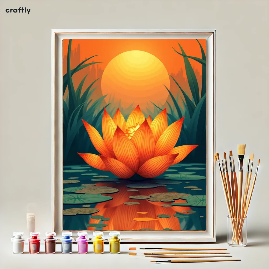 צביעה לפי מספרים - ציור לוטוס כתום באגם