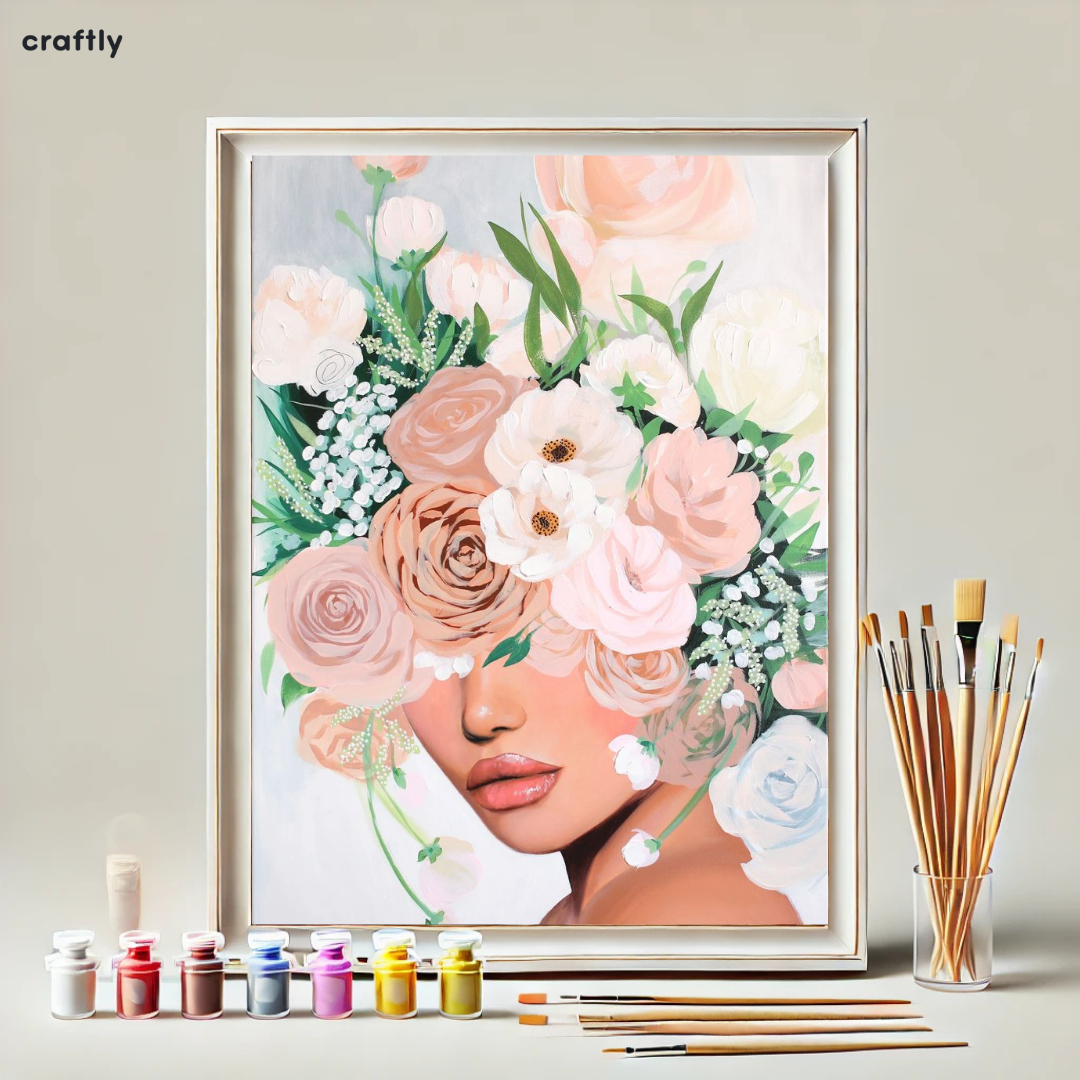 צביעה לפי מספרים - ציור אישה עם כתר פרחים עדין