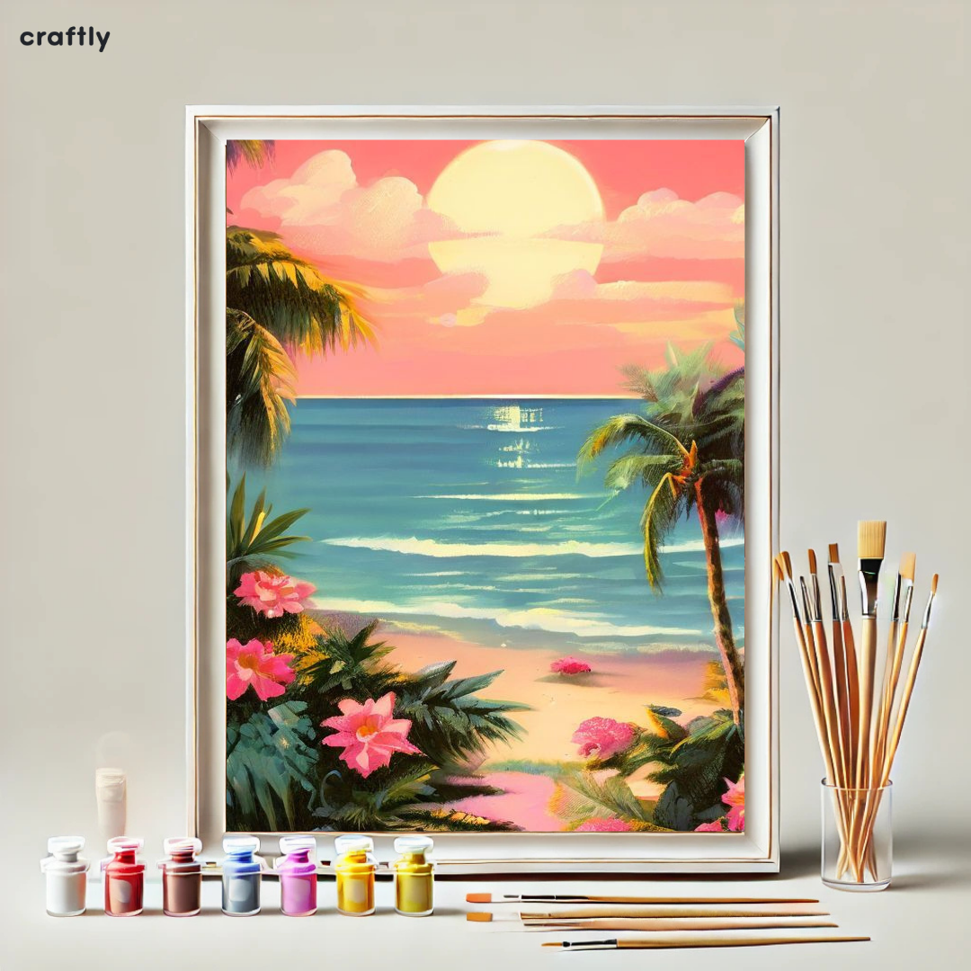 צביעה לפי מספרים - ציור שקיעה ורודה באי טרופי