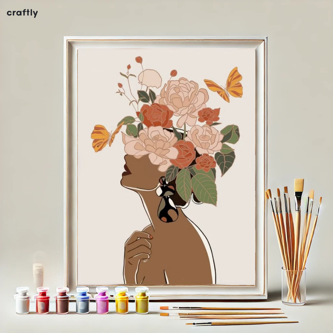 צביעה לפי מספרים - ציור אישה עם פרחים ופרפרים