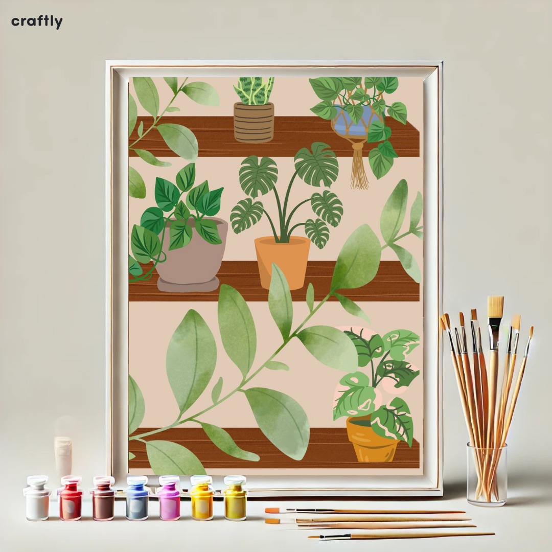 צביעה לפי מספרים - ציור צמחי בית על מדפי עץ