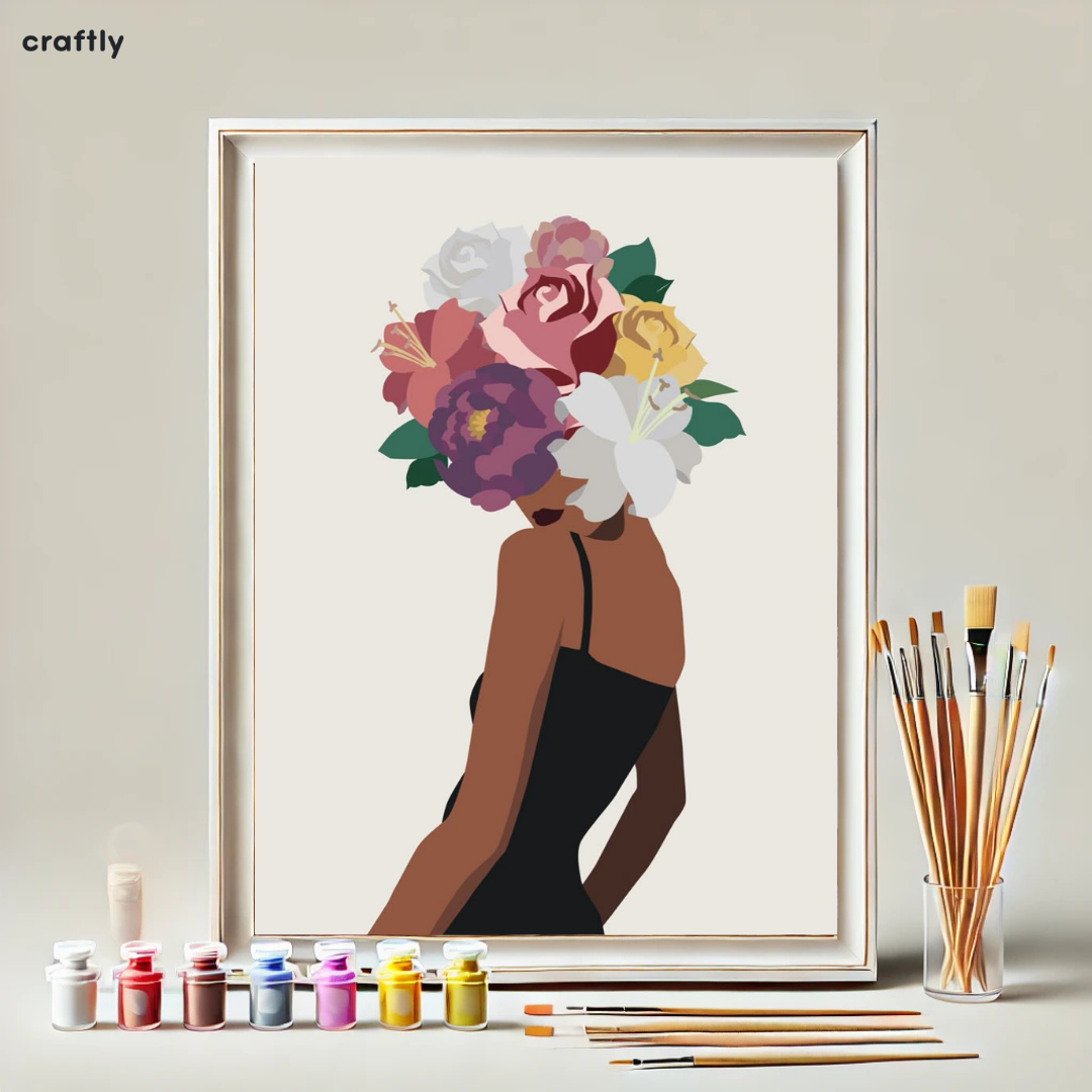 צביעה לפי מספרים - ציור אישה עם זר פרחים צבעוני