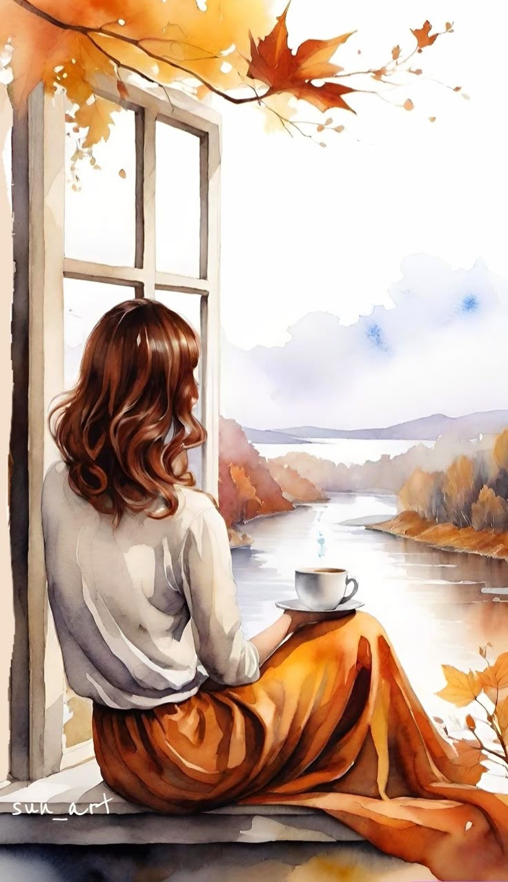 צביעה לפי מספרים – ציור אישה חולמת ליד חלון בסתיו