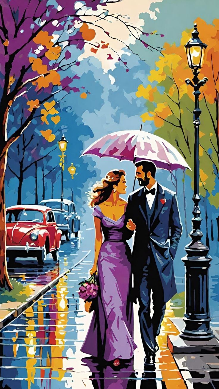 צביעה לפי מספרים – ציור זוג רומנטי בגשם