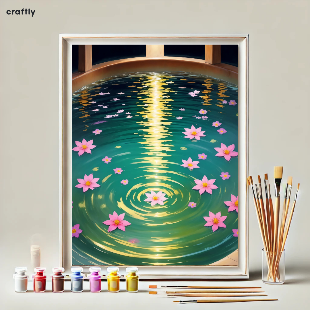 צביעה לפי מספרים - ציור מים רגועים עם פרחים