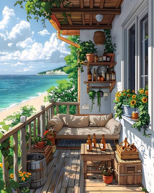 צביעה לפי מספרים - ציור מרפסת מול הים