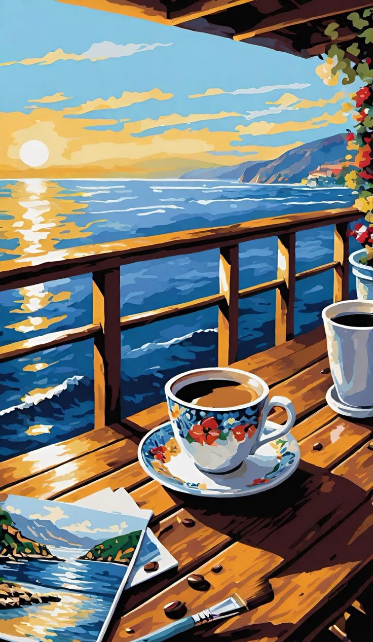 צביעה לפי מספרים - ציור קפה במרפסת מול הים