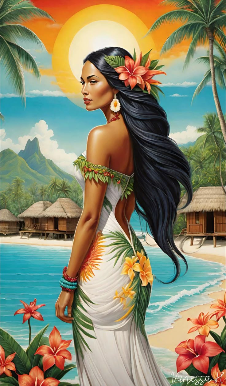 צביעה לפי מספרים - ציור אישה טרופית על חוף הים