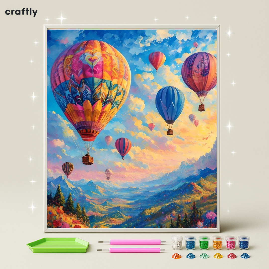 ציור יהלומים - כדורים פורחים בנוף הרים