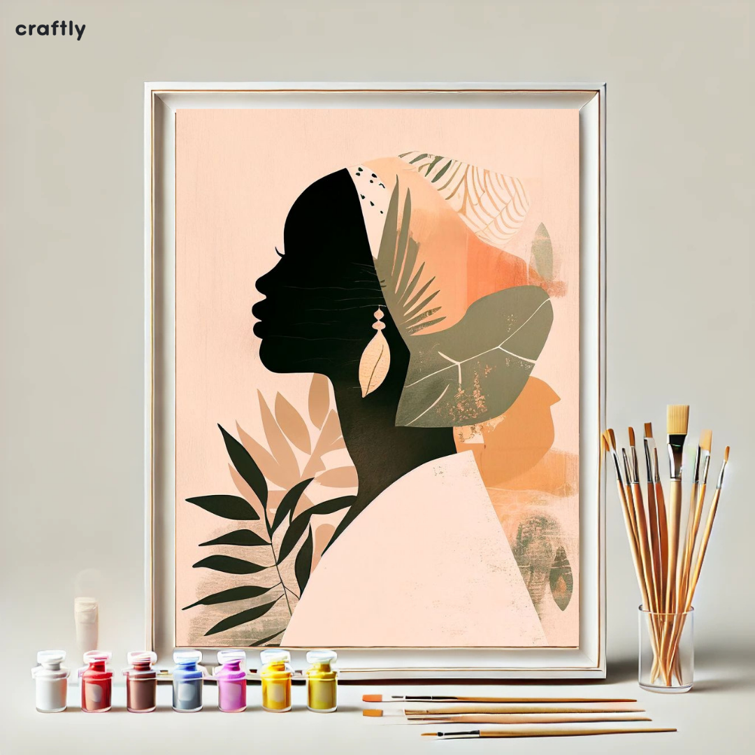 צביעה לפי מספרים - צללית אישה עם סרט ראש וצמחייה