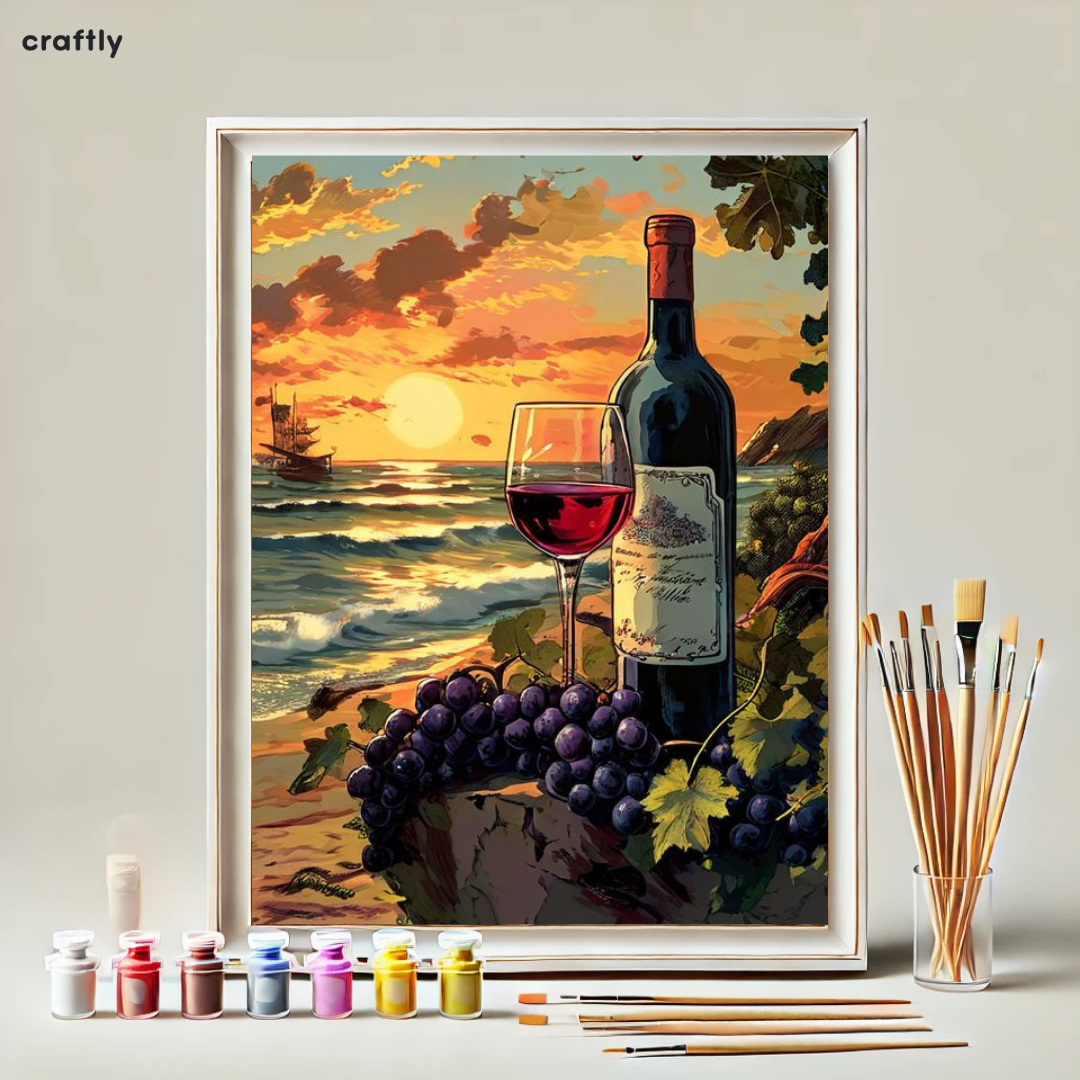 צביעה לפי מספרים - ציור יין בשקיעה