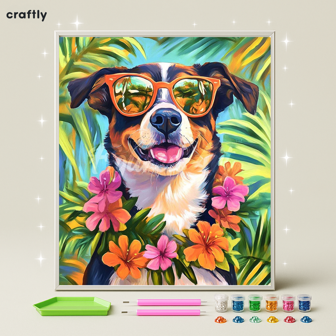 ציור יהלומים - כלב חופשה טרופית