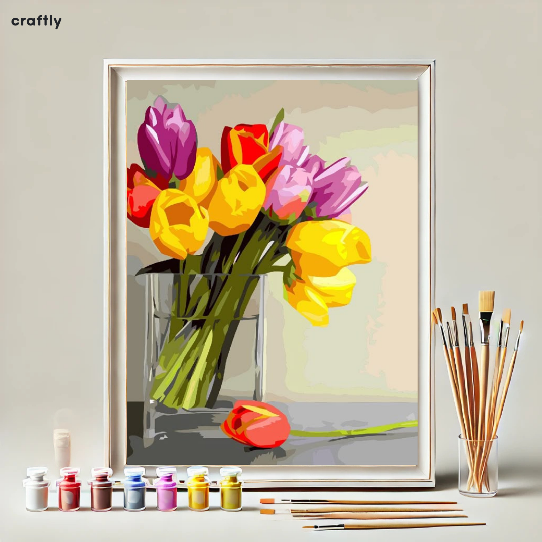 צביעה לפי מספרים - ציור צבעוני של טוליפים