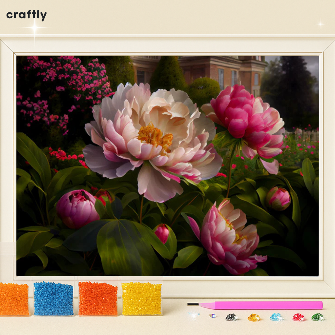 ציור יהלומים – פרחי פיאונים ורודים