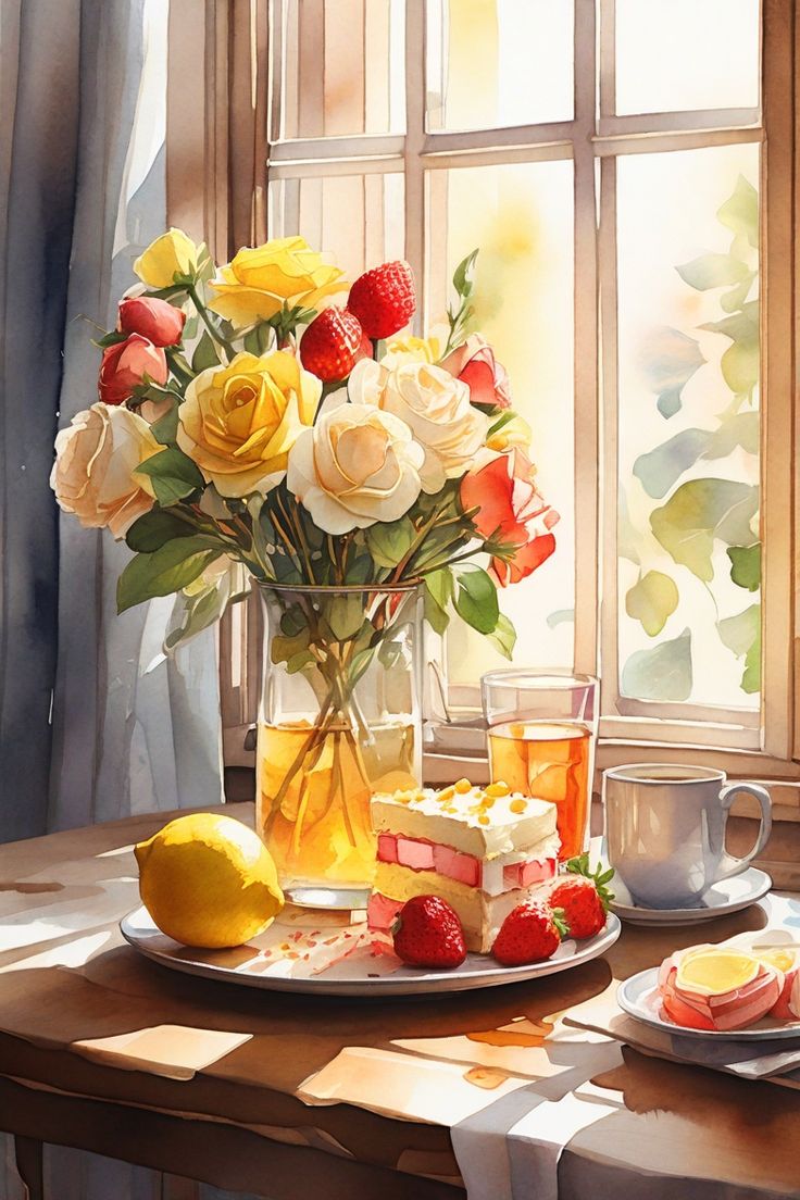 צביעה לפי מספרים - ציור ארוחת בוקר עם פרחים וקינוחים