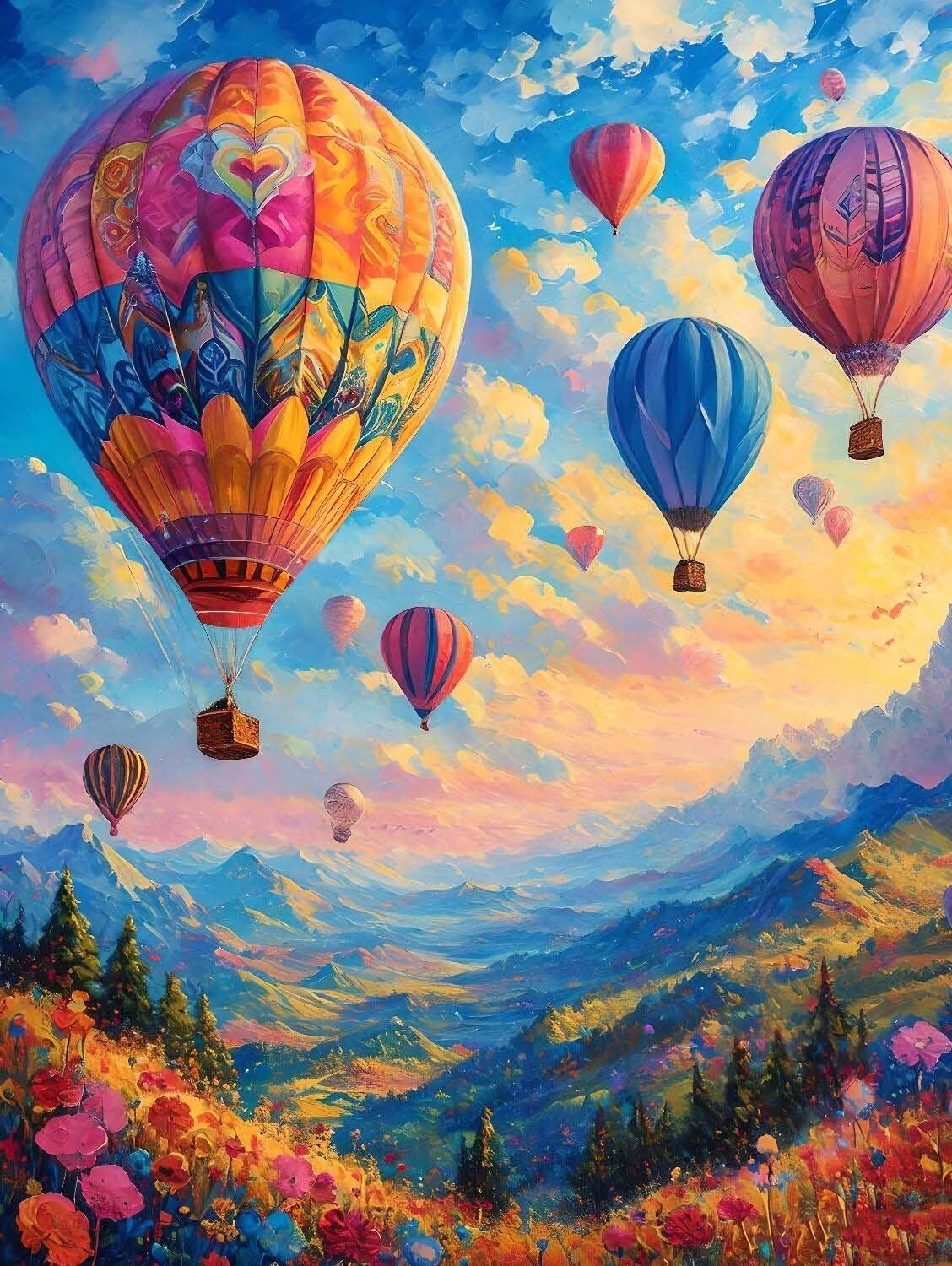 ציור יהלומים - כדורים פורחים בנוף הרים